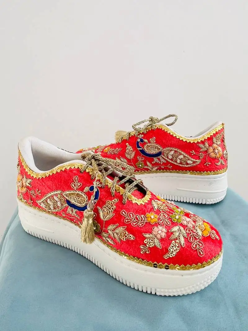 Red suede thread, nakshi & zari work sneakers