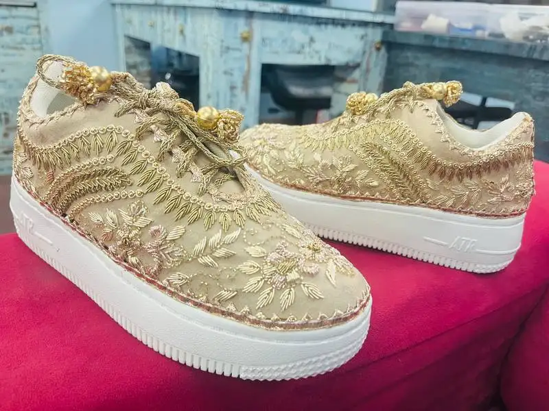 Cream suede zari & nakshi work sneakers