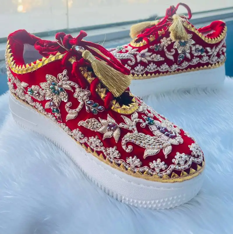 Red suede thread, nakshi, beads & zari work sneakers