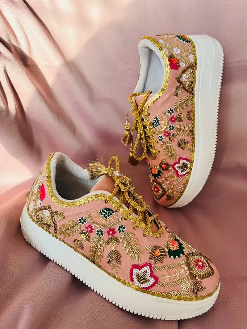 Light pink suede thread, nakshi, sippi & zari work sneakers