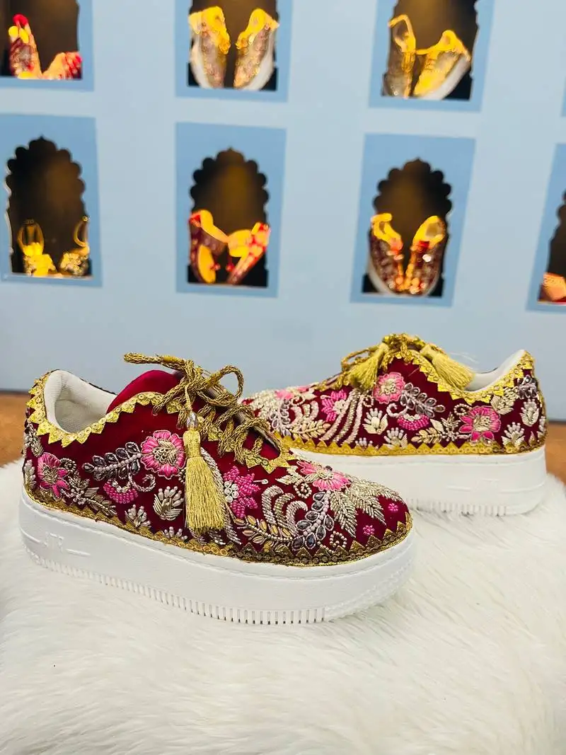 Red suede zari & nakshi work sneakers