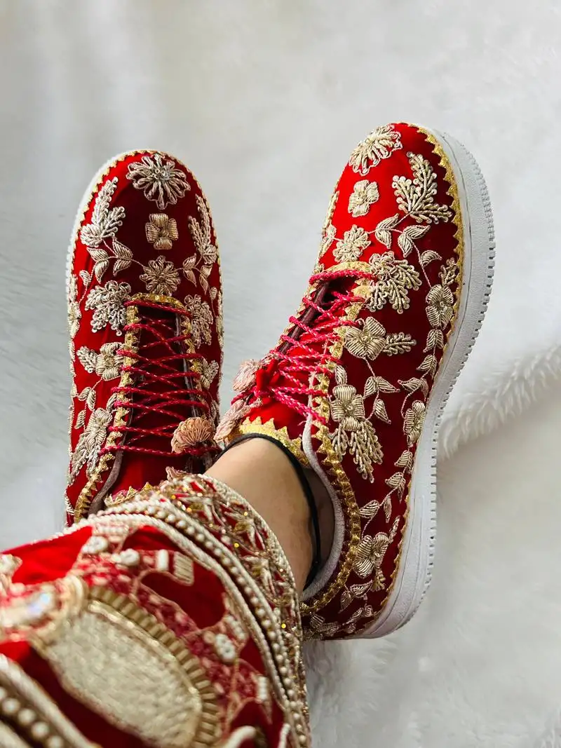 Red suede zari, sippi work sneakers