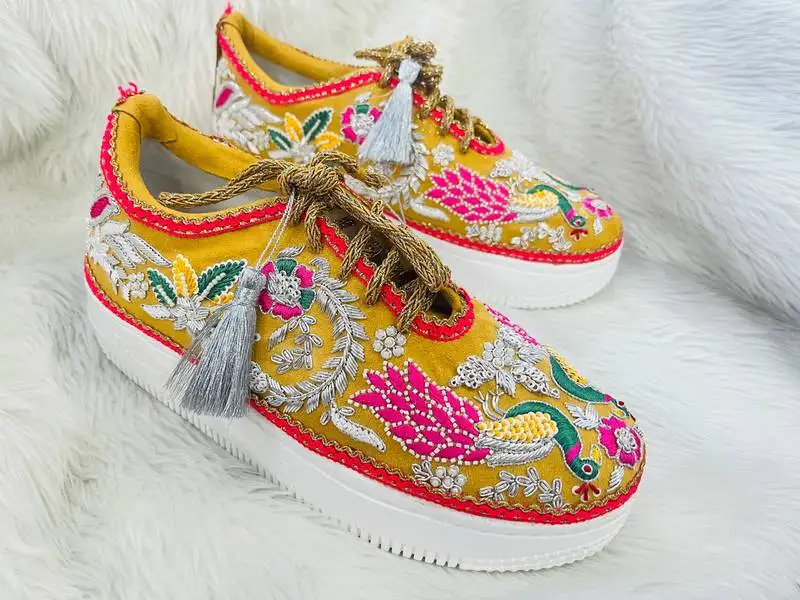 Yellow suede zari, sippi & thread work sneakers