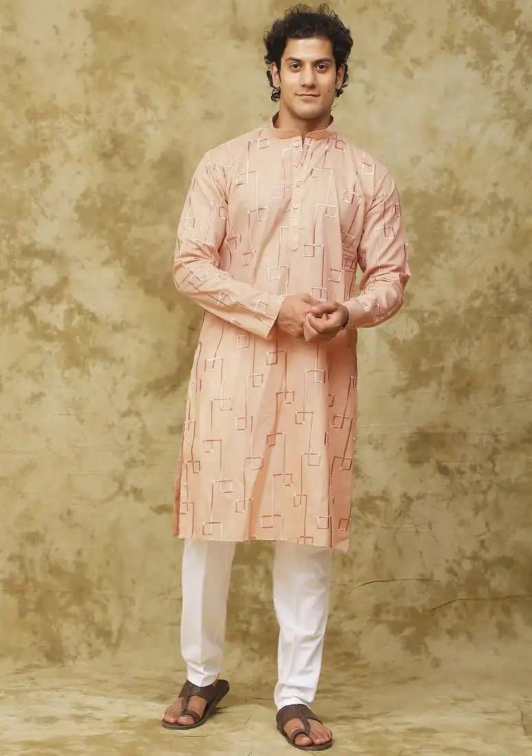 Peach cream pink cotton zari embroidered kurta set for men