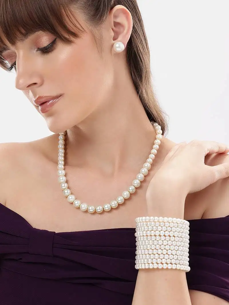 Elegant single line white pearl necklace earrings and adjustable pearl bracelet