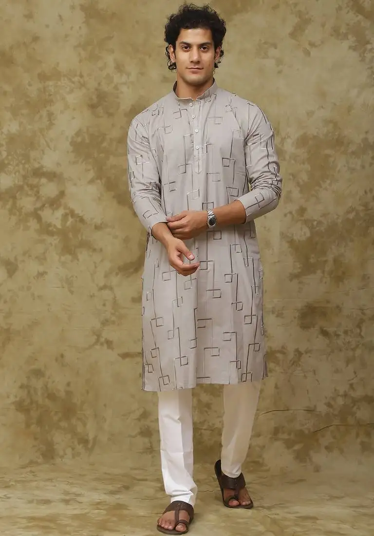 Grey cotton zari embroidered kurta set for men