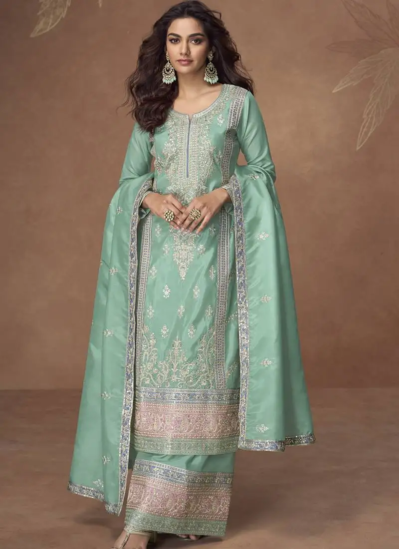 Sea green organza simar silk embroidered palazzo suit stitched