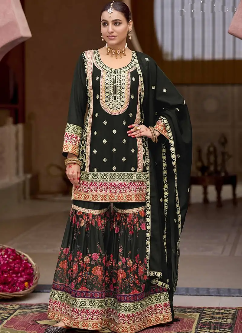 Black chinon silk embroidered sharara suit stitched