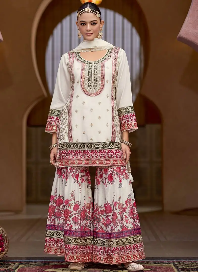 White chinon silk embroidered sharara suit stitched