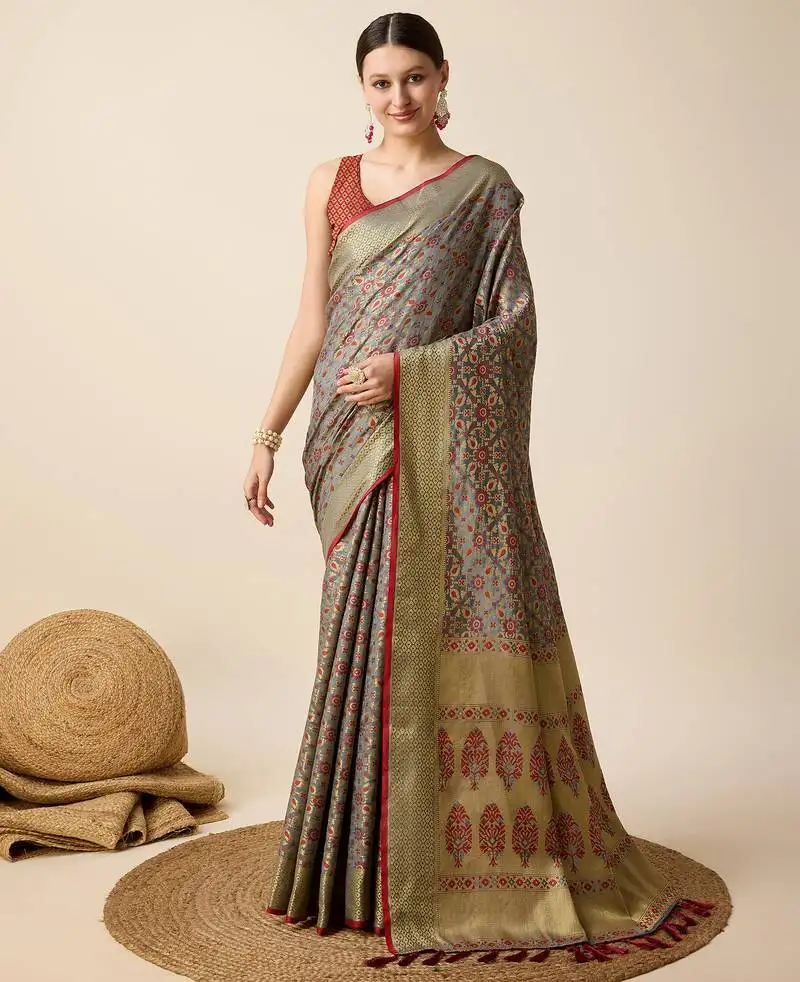Grey banarasi silk blend saree