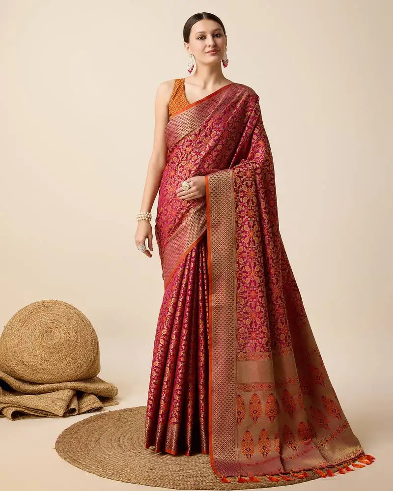 Maroon banarasi silk blend saree