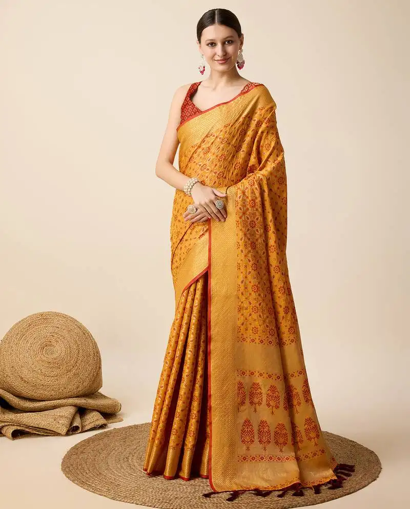 Yellow banarasi silk blend saree