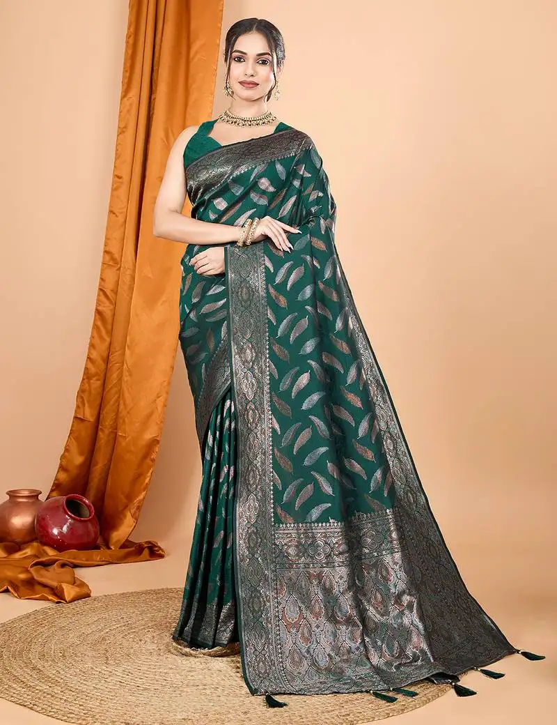 Green double zari weaving silk blend saree with contrast pallu