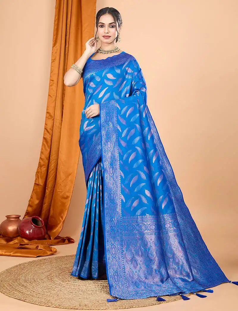 Blue double zari weaving silk blend saree with contrast pallu