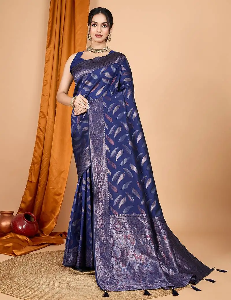 NavyBlue double zari weaving silk blend saree with contrast pallu