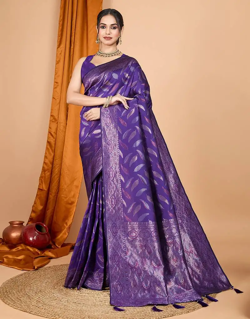 Purple double zari weaving silk blend saree with contrast pallu