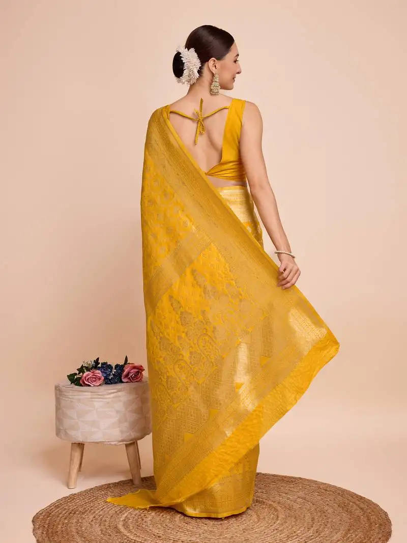 Yellow gold jari weaving silk blend saree