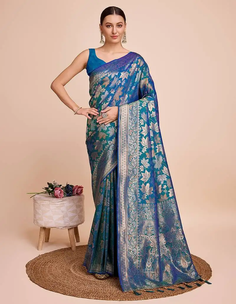 Blue gold jari weaving silk blend saree