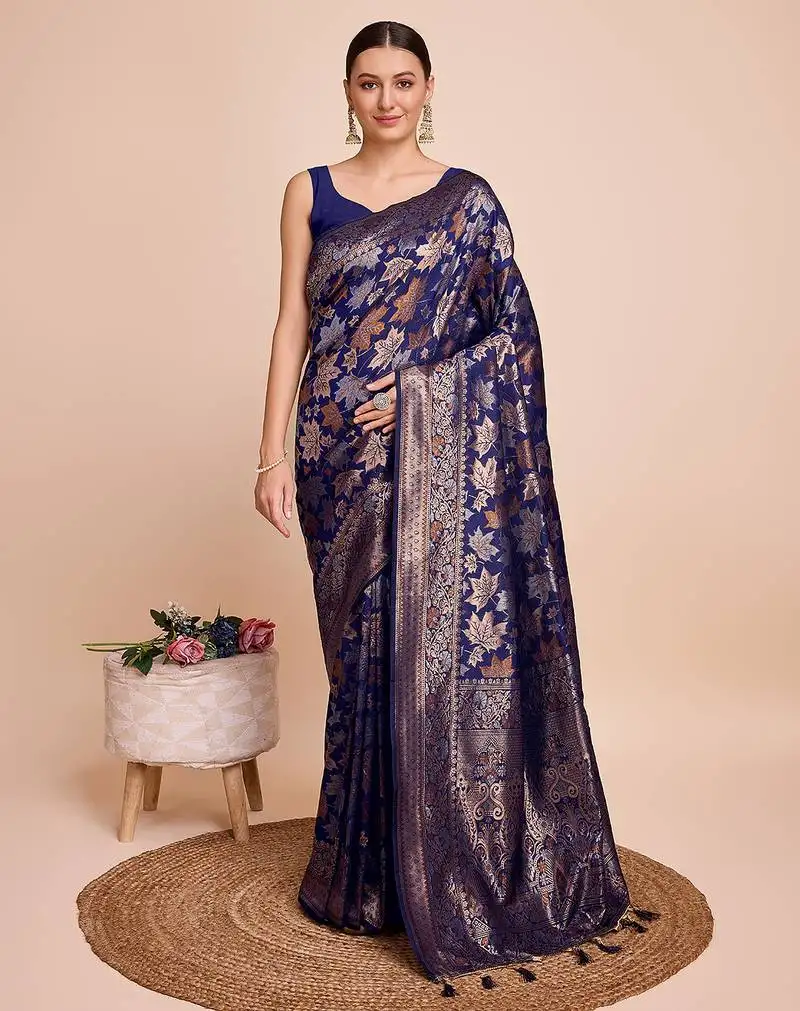 NavyBlue gold jari weaving silk blend saree