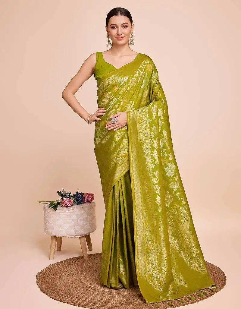 LightGreen gold jari weaving silk blend saree