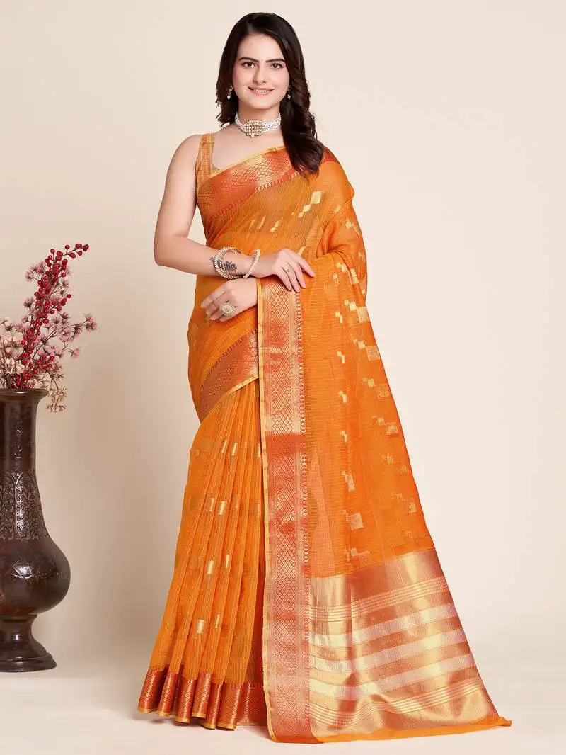 Mustard semi cotton saree with blouse