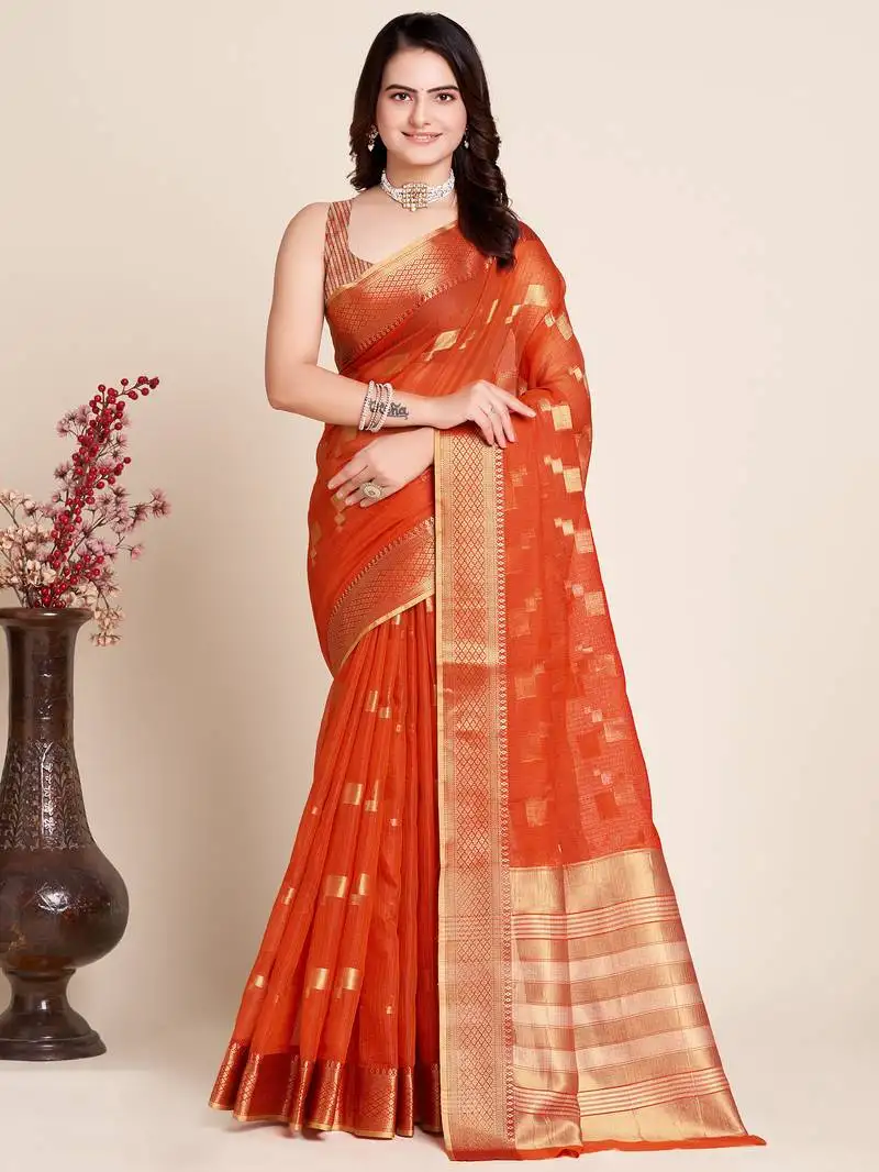 Orange semi cotton saree with blouse