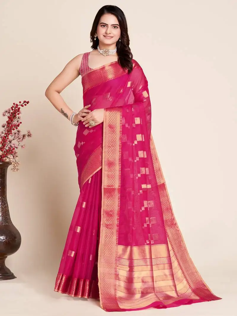 Pink semi cotton saree with blouse