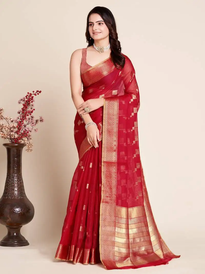 Red semi cotton saree with blouse
