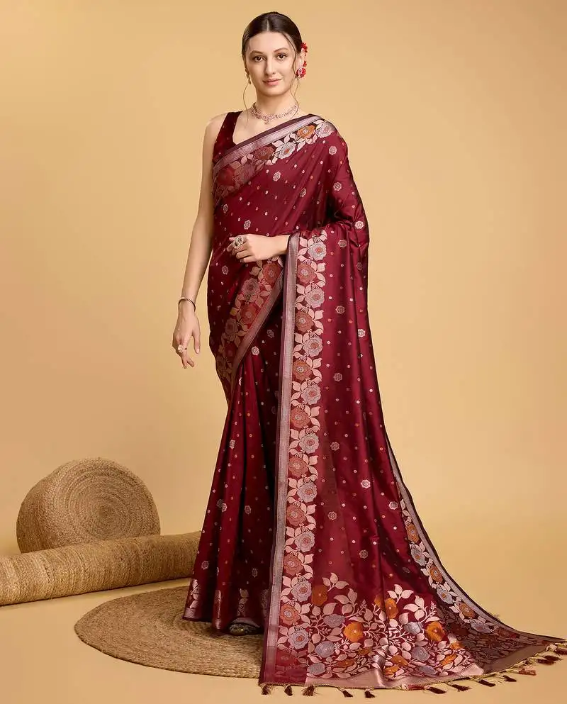 Maroon jacquard saree with blouse piece