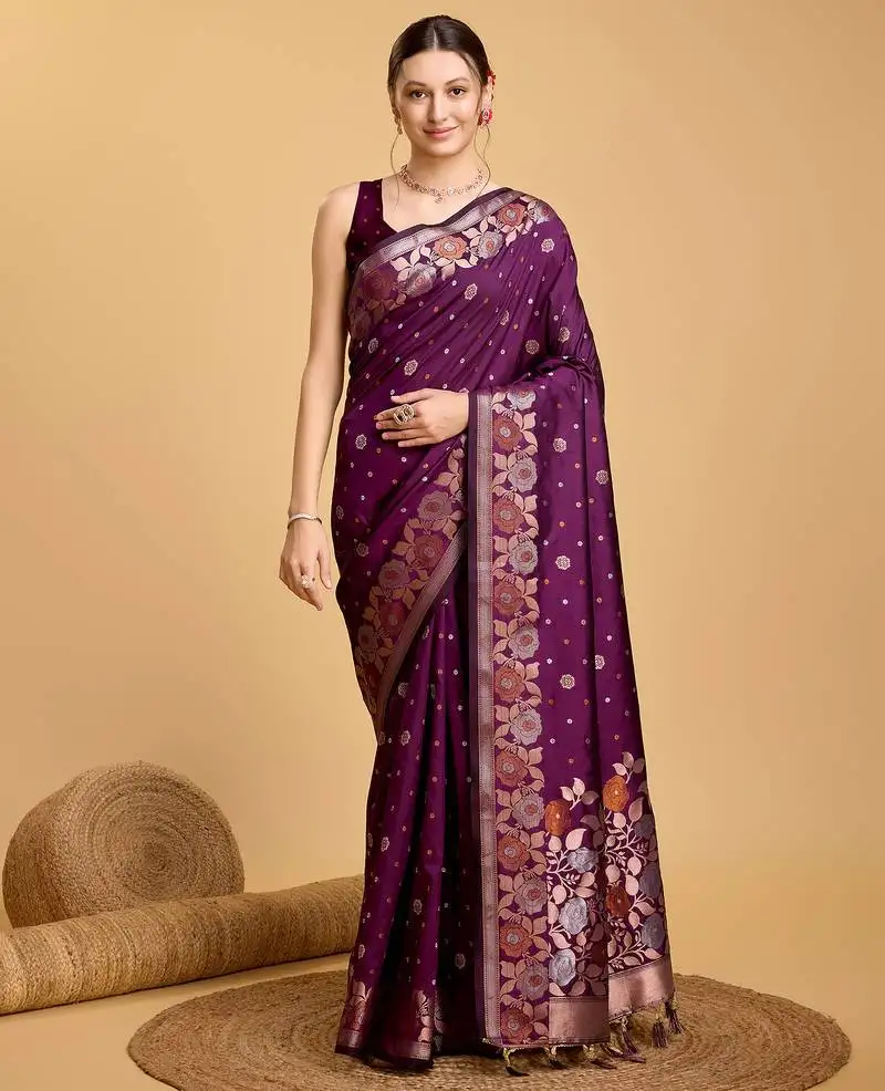 Wine jacquard saree with blouse piece