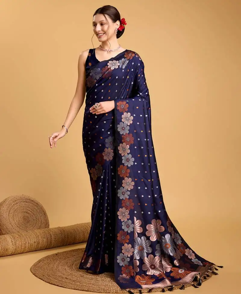 NavyBlue jacquard saree with blouse piece