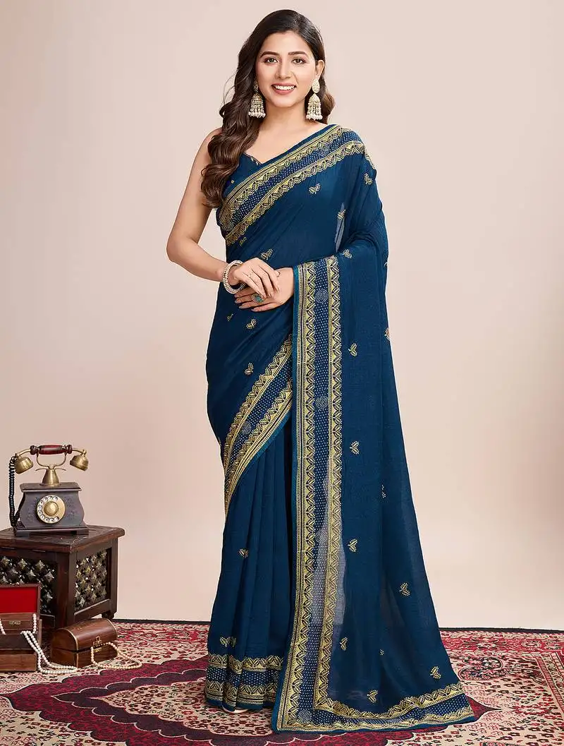 NavyBlue silk blend saree with contrast zari border pallu and matching blouse