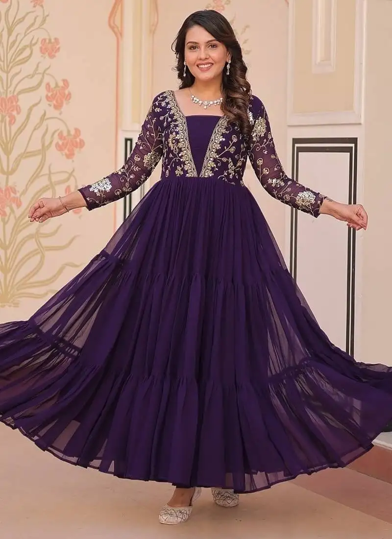 Purple faux blooming with sequins & zari embroidered work gown