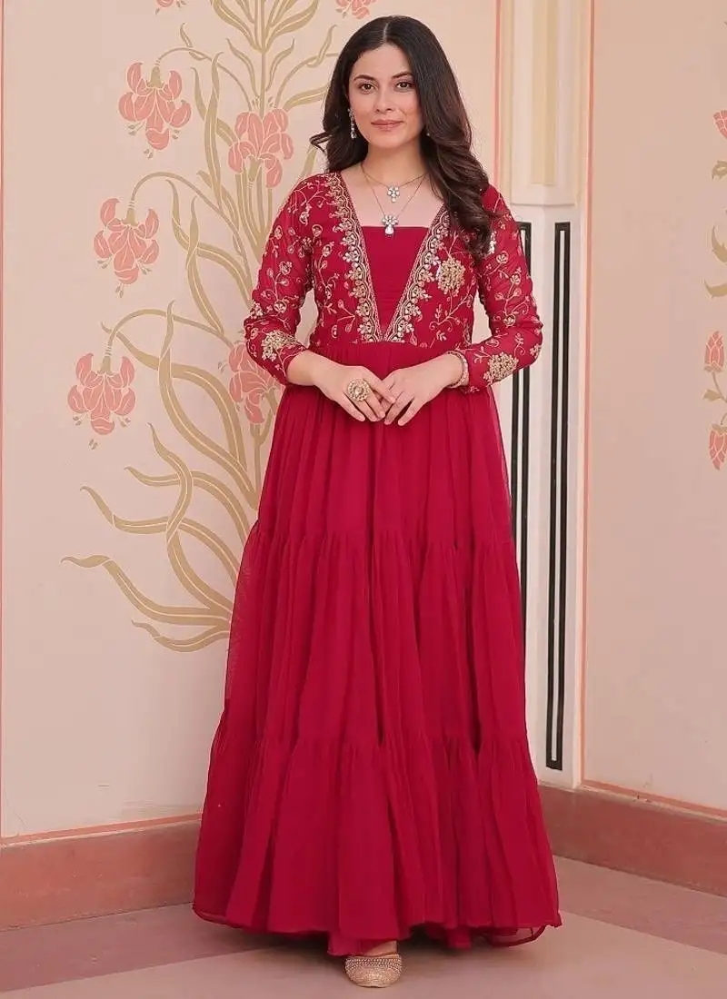 Ranipink faux blooming with sequins & zari embroidered work gown