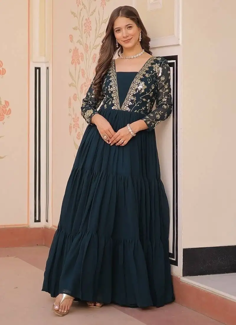 Teal faux blooming with sequins & zari embroidered work gown