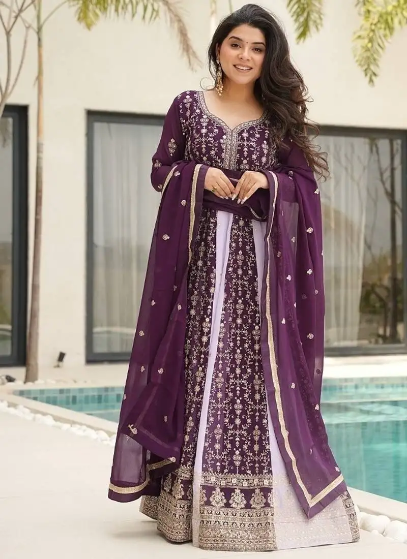 Wine faux georgette with zari & sequins embroidered work wedding gown
