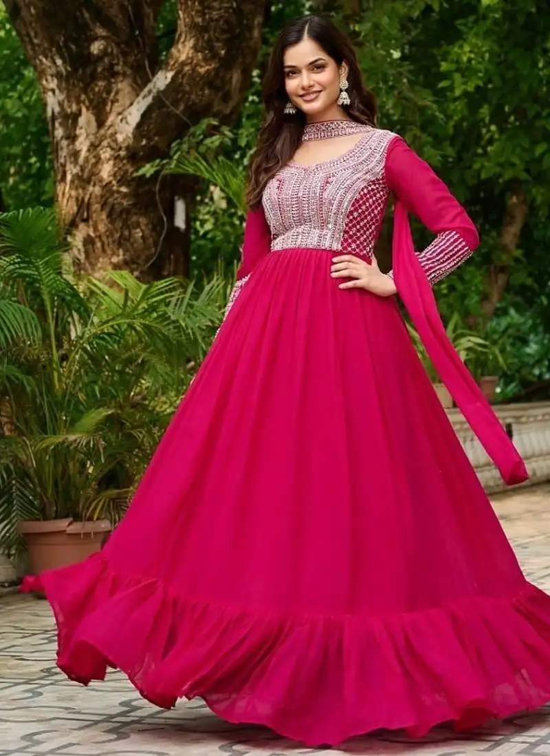 Ranipink star georgette with embroidery beads sequins-work gown with dupatta