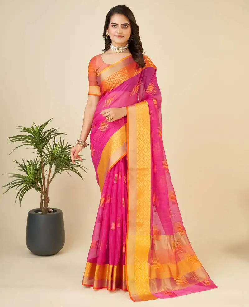 Pink woven semi cotton saree