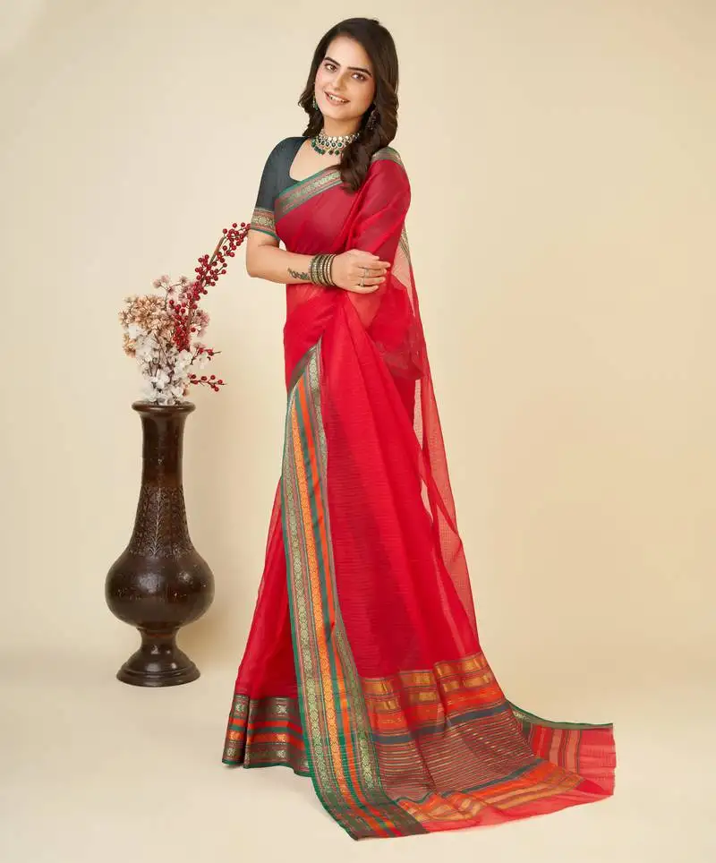 Red woven semi cotton saree