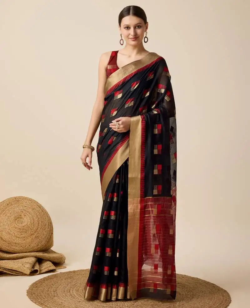 Black woven banarasi semi cotton saree