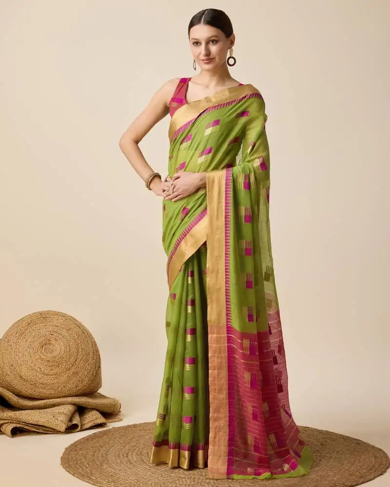 Green woven banarasi semi cotton saree