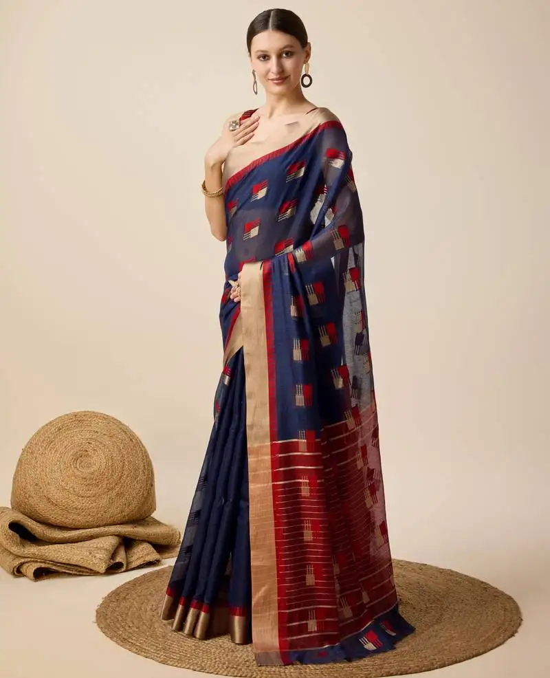 Navy blue woven banarasi semi cotton saree