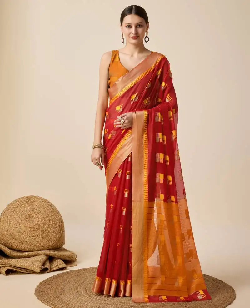 Red woven banarasi semi cotton saree