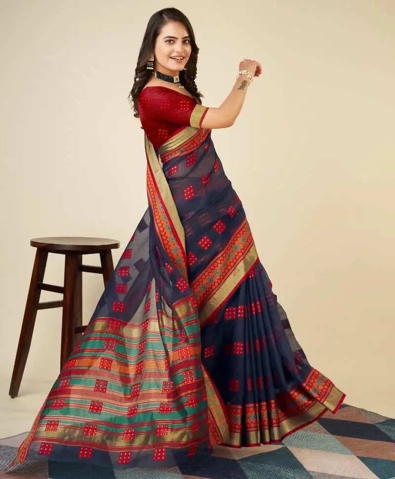 Navyblue soft semi cotton saree with blouse piece