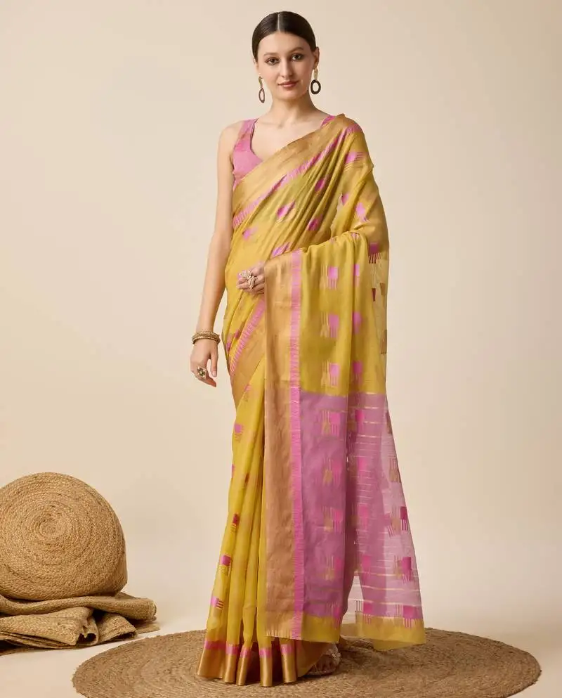 Yellow woven banarasi semi cotton saree