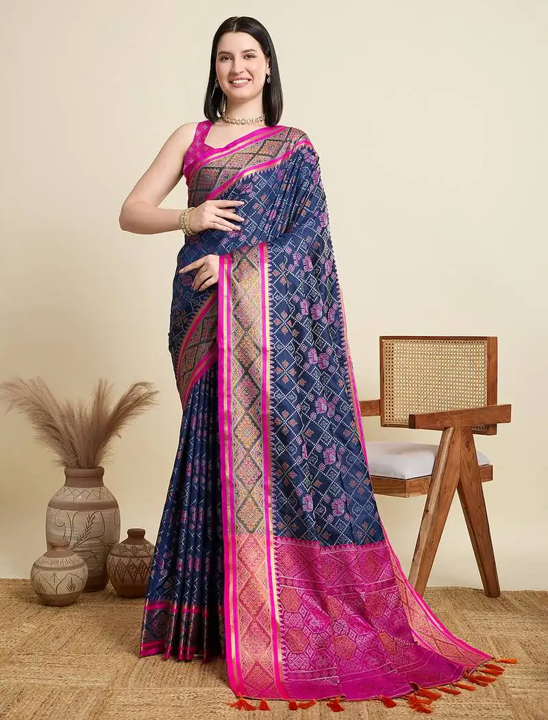 Navy blue patola silk blend saree with contrast weave meenakari & tassels