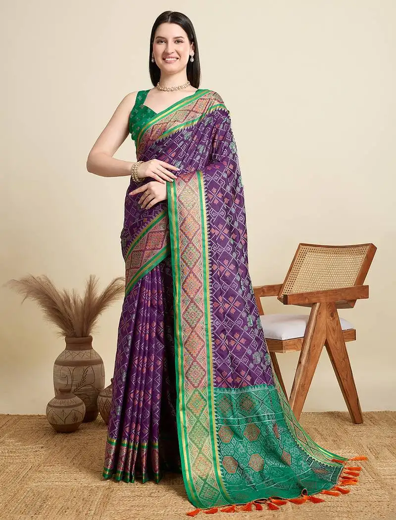 Purple patola silk blend saree with contrast weave meenakari & tassels
