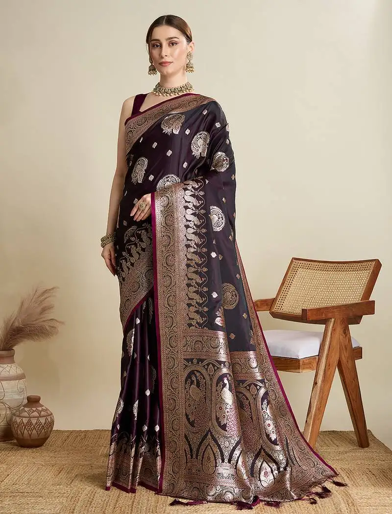 Wine satin saree with contrast zari border and blouse