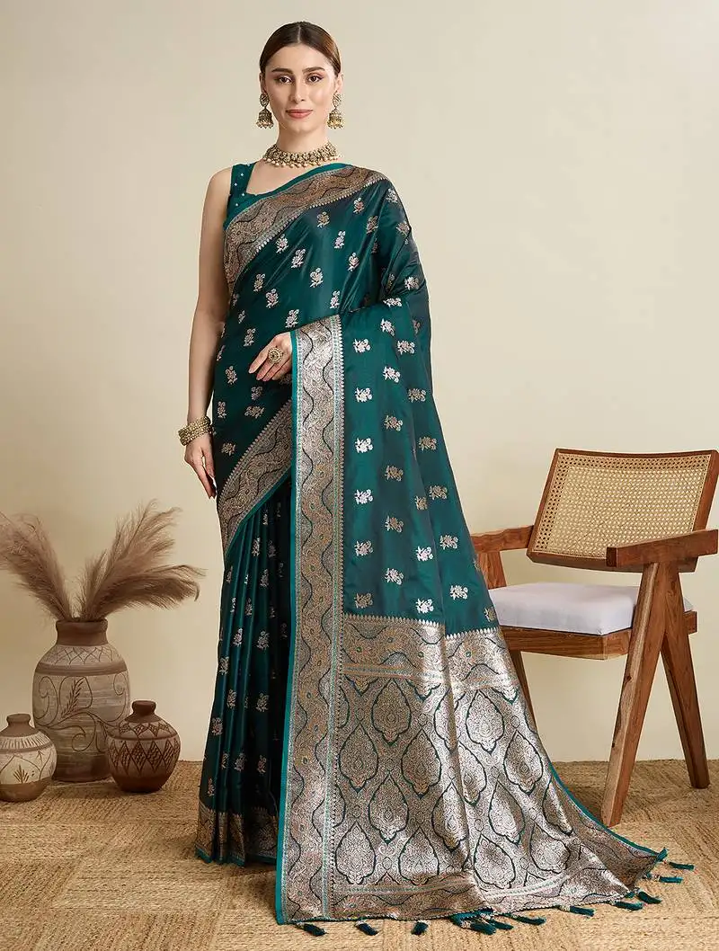 Green satin saree with contrast zari border and blouse