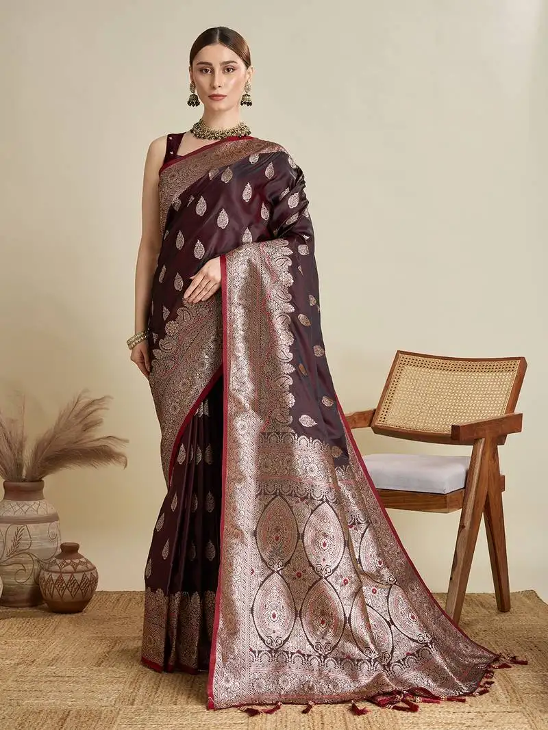 Maroon satin saree with contrast zari border and blouse